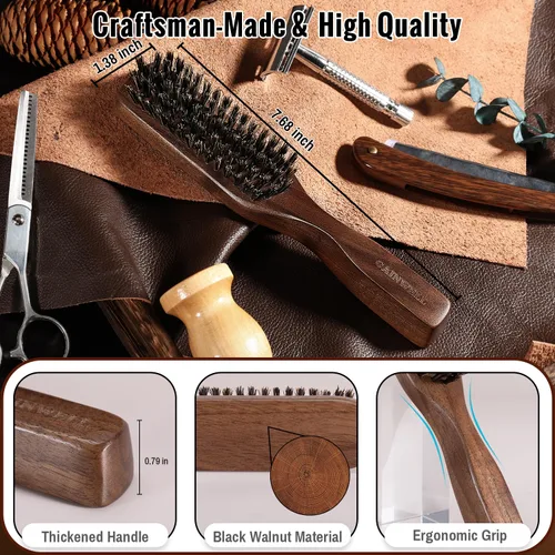 Miniatura 7 de GAINWELL Juego de peine de pelo para hombre, cepillo de cerdas de jabalí con cerdas rígidas para cabello grueso, mango de sándalo dorado de nogal
