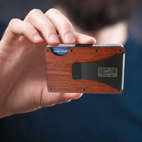 Miniatura 7 de Billetera delgada de madera recicladatarjetero con clip para dinero, bloqueo RFID, Madera de cerezo, Madera