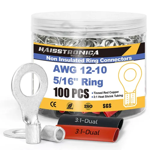 haisstronica Juego de conectores de cables no aislados, 50 piezas de terminales de anillo de 5/16" (AWG12-10) con 50 piezas de tubo termorretráctil