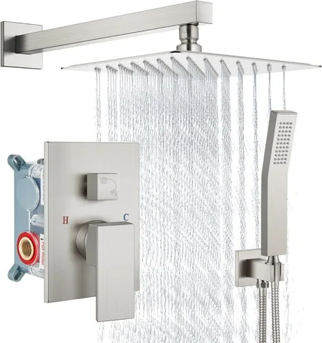 Miniatura 13 de Aolemi Sistema de ducha tipo lluvia de 12 pulgadas, cabezal de ducha cepillado Nikcel Combo Set con ducha de mano válvula de montaje en pared grifo