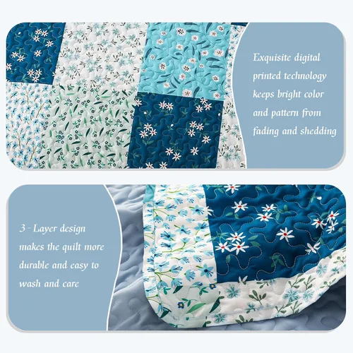 Miniatura 3 de Whale Flotilla Colcha de retazos tamaño individual, colcha floral bohemia extra suave para cama, reversible, ligero, juego de ropa de cama con 1 Azul