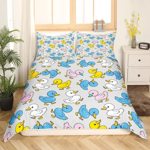 Miniatura 35 de Erosebridal Funda de edredón para niños y niñas, diseño de pato amarillo, diseño de patos de dibujos animados, juego de ropa de cama de animales