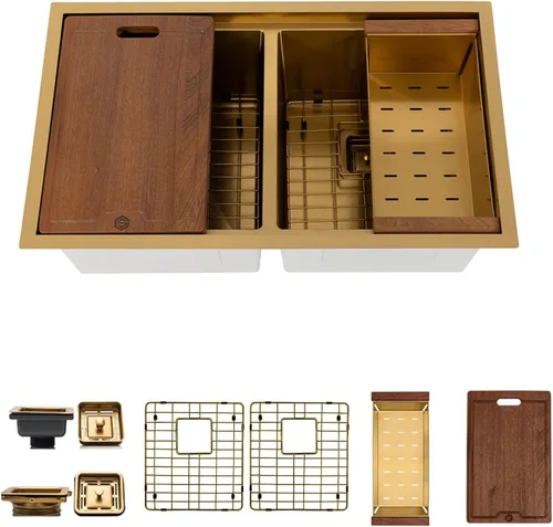 Miniatura 11 de Strictly Sinks - Fregadero de cocina dorado de 32 pulgadas, resistente a arañazos y manchas, rejilla inferior de doble tazón de calibre 16, tabla