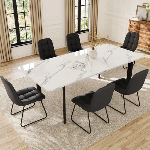 Miniatura 11 de HIPIHOM Mesa de comedor extensible para 6-8 personas, mesa rectangular de 63 a 78.7 pulgadas, MDF blanco con patas de metal resistentes, ahorro
