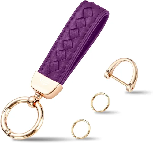 Miniatura 18 de Hamdecro Llavero de cuero genuino para automóvil, llaves de oveja tejidas a mano para mujeres, soporte universal para llavero con rotación de 360