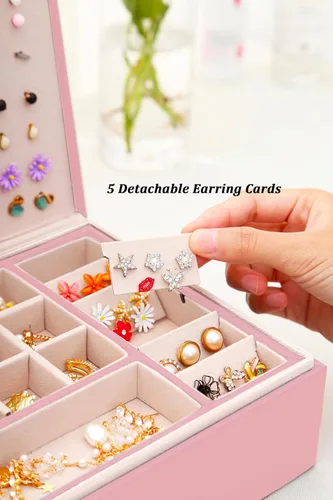 Miniatura 140 de Joyero de pendientes para mujeres y niñas, organizador de aretes de 5 capas, caja organizadora de joyas blanca con candado, collares y aretes