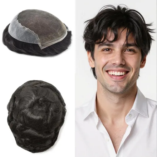 Miniatura 36 de Toupee - Sistemas de reemplazo de cabello para hombre, encaje frontal suizo, nudo blanqueado, pieza de cabello humano natural 1# negro azabache, 8 x