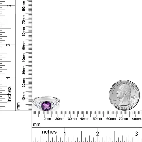 Miniatura 42 de 925 Sterling Silver Gemstone Birthstone and White Moissanite 3-Stone Engagement Ring for Women 7MM Cushion and 5MM Trillion Accents Three Stone