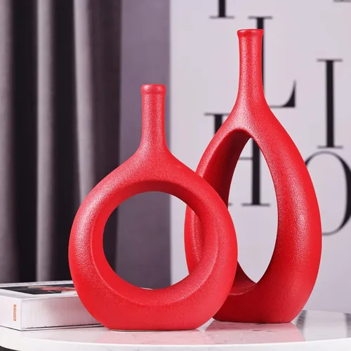 Miniatura 3 de Juego de 2 jarrones de cerámica rojos, jarrón floral moderno hueco circular con agujero para decoración del hogar, para centros de mesa