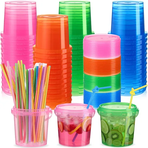 Miniatura 8 de Funnymoom Paquete de 36 cubos de plástico para ron para bebidas con pajita, cubeta de cóctel para helado, con tapas y asas, recipientes de alimentos