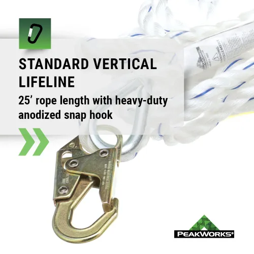 Miniatura 5 de Peakworks Línea de vida vertical estándar – Cuerda de poliacero de 5/8 pulgadas con gancho a presión – Industrial, construcción, techos, protección