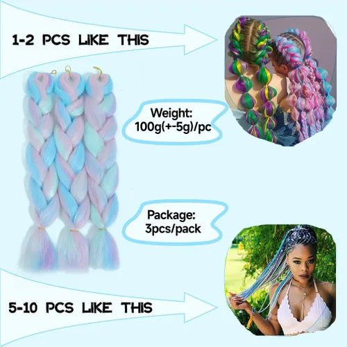 Miniatura 5 de Paquete de 3 extensiones de cabello trenzado de arco iris de 24 pulgadas, mezcla de cuatro colores para trenzas, trenzas de caja jumbo de fibra