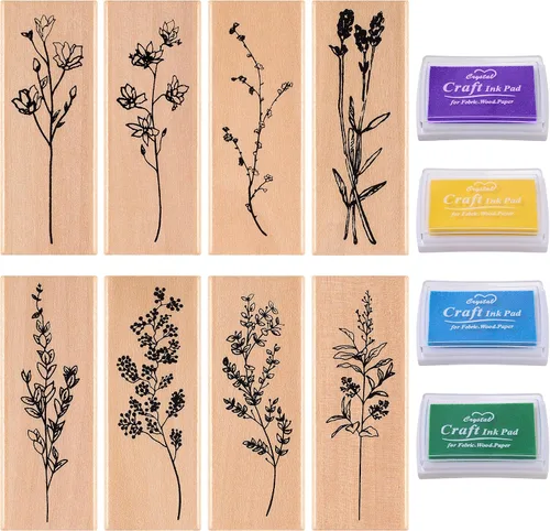 12 sellos de goma con almohadillas de tinta para manualidades, sellos de madera de flores y plantas con almohadillas de tinta para sellos, juego de