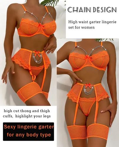 Miniatura 3 de Avidlove Conjunto de liguero para mujer, lencería sexy de malla con aros, 4 piezas, brasier de cadena S-XXL