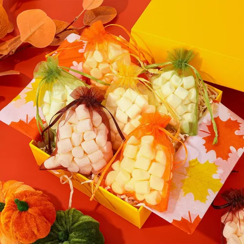 Miniatura 4 de Whaline 120 bolsas de organza de otoño de Acción de Gracias con cordón, naranja, amarillo, verde, marrón, bolsas de regalo de vacaciones, bolsas