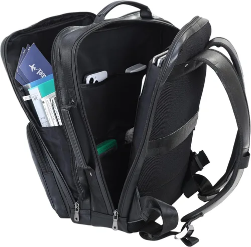 Miniatura 4 de TIDING Mochila para portátil de cuero de grano completo de 17.3 pulgadas para hombres, multibolsillos, casual, mochila de viaje de negocios, Negro