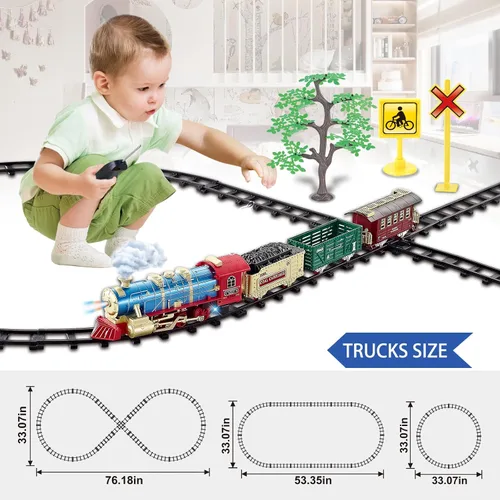 Miniatura 3 de JQ JUQU Juego de tren de control remoto para niños de 3 a 8 años, tren de juguete eléctrico con vapor, luces y sonidos, incluye 17 pistas y batería