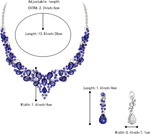 Miniatura 4 de BriLove Impresionante collar de joyería de 13.8 a 16.1 pulgadas, juego de aretes de clip con forma de lágrima de cristal austriaco brillante