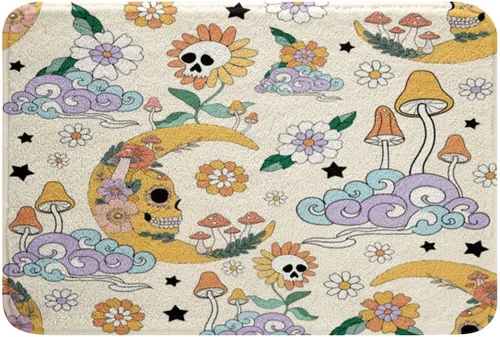 Alfombra de baño vintage con diseño de flores de los años 70, diseño de calavera de estrella, para adultos de los años 60, alfombra de cocina