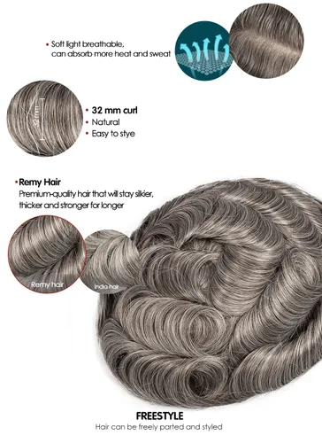 Miniatura 2 de Amiable Toupee para hombres Single Knotted grey hair toupee para hombres Natural Wave Sistema de reemplazo para hombres (#1B60)