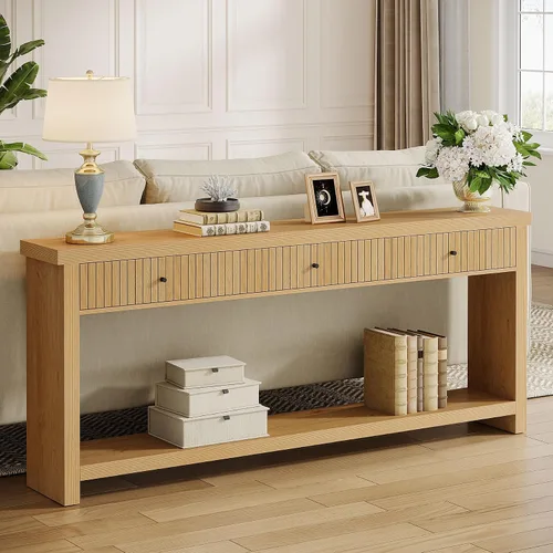 Miniatura 10 de Tribesigns Mesa consola de sofá de 70.9 pulgadas con 3 cajones, mesa de entrada extra larga con estantes de almacenamiento abiertos, mesa de sofá