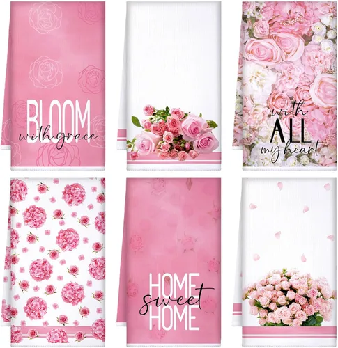 Bencailor 6 toallas de cocina con rosas rosadas, toallas de mano color rosa, divertidas, paños de té para el baño, suministros para el hogar, 16 x