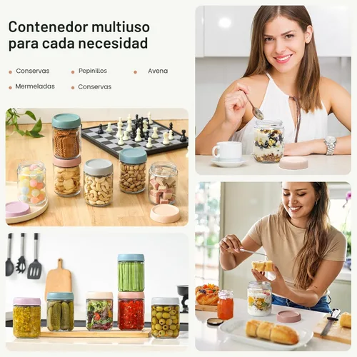 Miniatura 7 de NETANY Paquete de 6 recipientes de 16 oz para avena nocturna con tapas, tarros de vidrio con tapas herméticas, tarros de ensalada Mason de boca