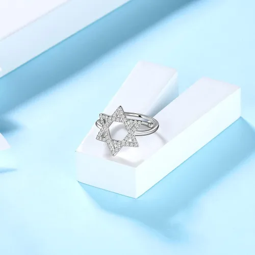 Miniatura 4 de Jewmon Anillo ajustable de estrella de David judía para mujer, plata de ley 925, circonita cúbica, estrella de David, anillo judío abierto, amuleto