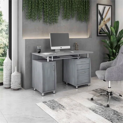 Miniatura 2 de Pemberly Row Escritorio para computadora de oficina en casa de 48 pulgadas de ancho en color gris con gabinete de almacenamiento de CPU y archivador
