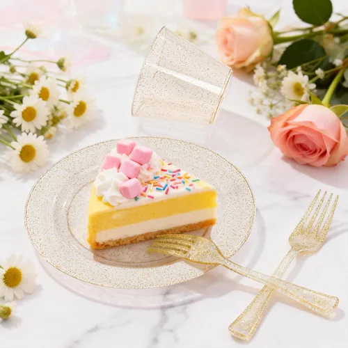 Miniatura 3 de WELLIFE 150 platos de plástico dorados, juego de vajilla desechable con purpurina dorada para 50 invitados (platos de postre de 7.5 pulgadas)