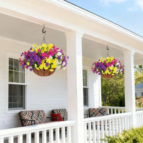 Miniatura 3 de Flores colgantes artificiales con cesta para exteriores, petunias sintéticas, plantas colgantes falsas con eucalipto, resistentes a los rayos UV