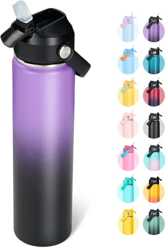Miniatura 25 de Fijinhom Botella de agua aislada de acero inoxidable de 18 oz, de boca ancha, de doble pared, con vacío, con pajita de silicona, a prueba de sudor
