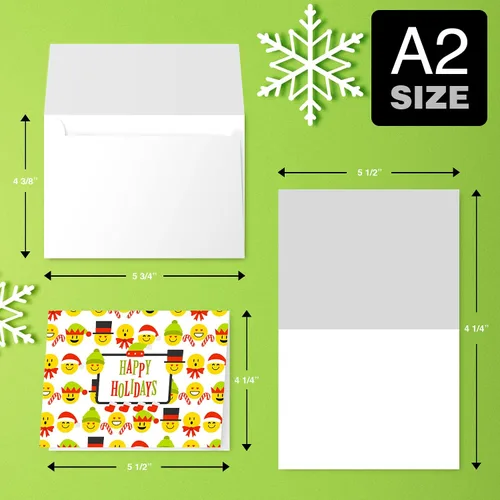Miniatura 8 de Tarjetas de felicitación de Happy Holidays, rojo y verde, divertido patrón de emoji lindo, plegable en blanco para Navidad y Año Nuevo, 4.25 x 5.5