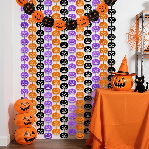 Miniatura 6 de Cortinas de flecos de aluminio con patrón de calabaza para decoraciones de fiesta de Halloween, telón de fondo de pesadilla de Jack Nightmare