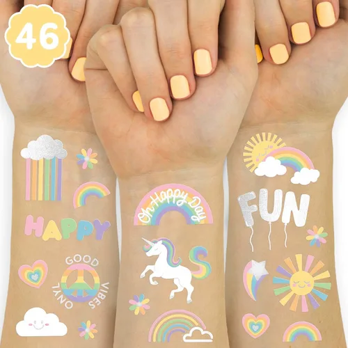 xo, Fetti Tatuajes temporales de arcoíris - 46 estilos de purpurina | Suministros para fiesta de cumpleaños de unicornio, baby shower, recuerdos