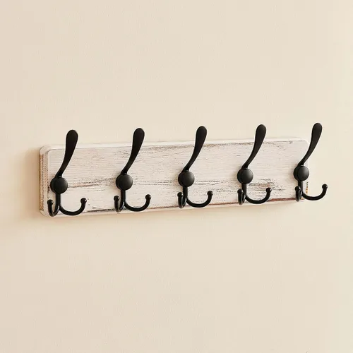 Miniatura 10 de Perchero de madera rústica con 5 ganchos, soporte de pared resistente para colgar chaquetas (marrón)
