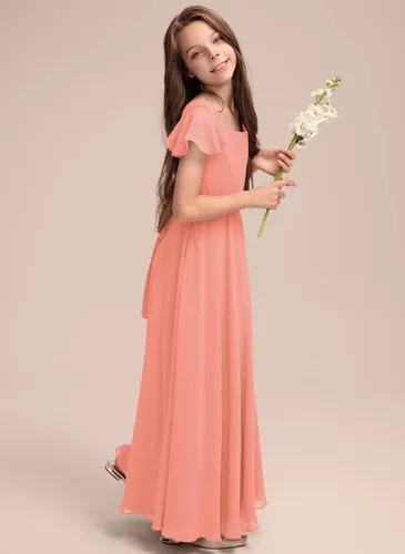 Miniatura 4 de Vestido de dama de honor junior de gasa cuadrado de una línea de vestido de niña de flores para boda