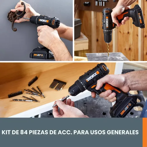 Miniatura 3 de Worx Taladro Atornillador Inalámbrico de 20V, Kit de Accesorios de 84 Piezas, 2 Velocidades Variables, Par de 265 In-Lbs, Embrague 20+1, Ligero