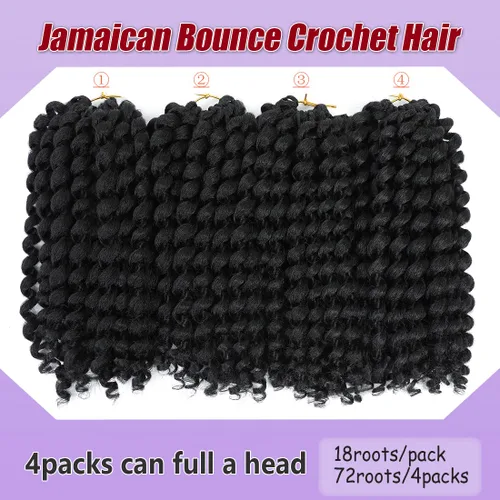 Miniatura 2 de Cabello Jamaicano de ganchillo para mujeres negras, 4 paquetes de 72 raíces, color negro natural, rizos de ganchillo corto preanudado