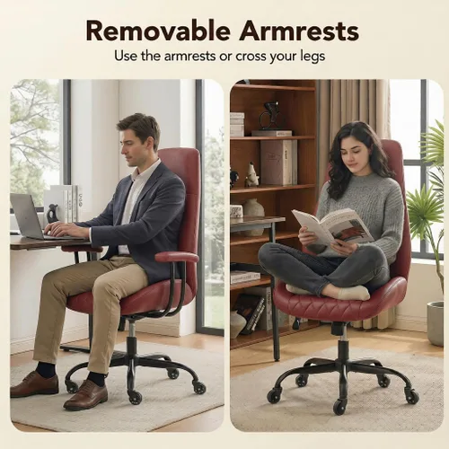 Miniatura 4 de E-Motie Silla de Escritorio para Oficina en Casa, Silla de Computadora de Cuero Ergonómica de Respaldo Alto con Soporte Lumbar, Altura Ajustable