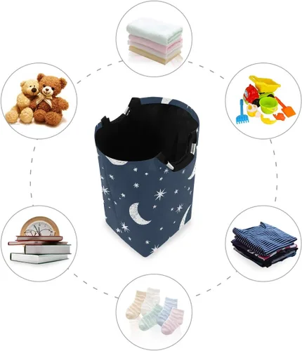 Miniatura 4 de senya Cesta de lavandería grande para compras, bolsa de ropa plegable de tela, cesta de lavandería plegable (luna, estrellas, nubes, cielo)