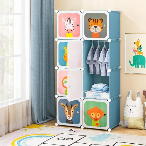 Miniatura 9 de HONEY JOY Armario para niños, organizador de almacenamiento de ropa de dibujos animados para bebés, 8 cubos y 2 secciones para colgar, armario Azul