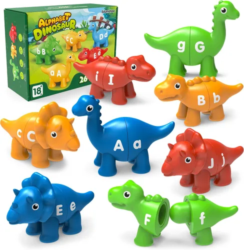 26 piezas de juguetes de aprendizaje del alfabeto de dinosaurios para niños de 3 a 5 años, juego de emparejamiento ABC de doble cara con mayúsculas