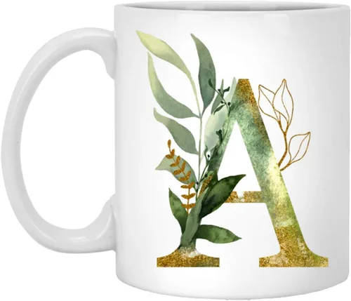 IRIDESCENT Alpha/A Graphic Letter A - Taza de café con monograma del alfabeto A, taza de café con estampado floral dorado brillante para cumpleaños,