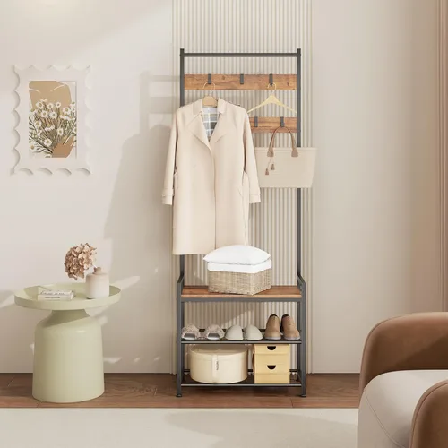 Miniatura 2 de Perchero de pasillo con almacenamiento de zapatos, banco de almacenamiento de árbol de entrada, muebles decorativos de aspecto de madera con marco
