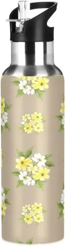 Stainless Steel Vacuum Insulated Water Bottle 20 Oz, Leakproof Water Bottles for Gym Outdoor Travel School, Yellow White Flowers Beige
