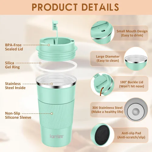 Miniatura 5 de KETIEE Taza de café de 12 oz: Taza de café con aislamiento al vacío y tapa a prueba de fugas, taza de viaje de acero inoxidable con doble pared