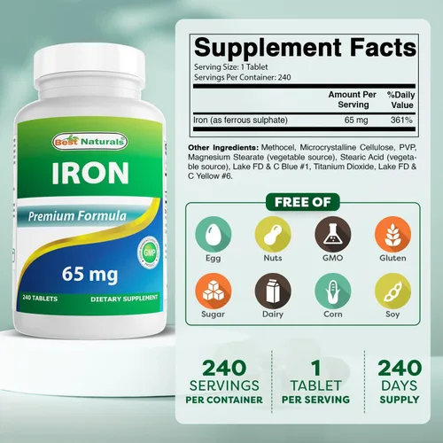 Miniatura 2 de Best Naturals Suplemento de hierro - 65 mg - 240 tabletas - Sin OMG y sin gluten