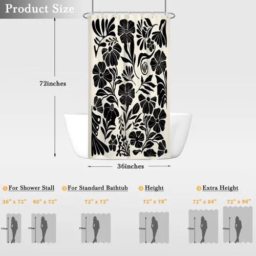 Miniatura 6 de Black Floral Shower Curtain Stall Small Half Single Mini Boho Flower Farmhouse Vintage Gothic Abstarct Retro Funky Botanical Moody Fabric Cloth