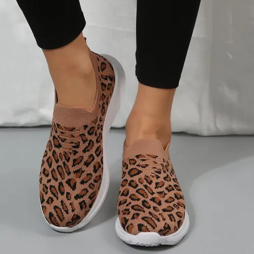 Miniatura 3 de Tenis de moda con estampado de leopardo para mujer, parte superior de malla elástica, transpirables, cómodos y ligeros, mocasines y sin cordones